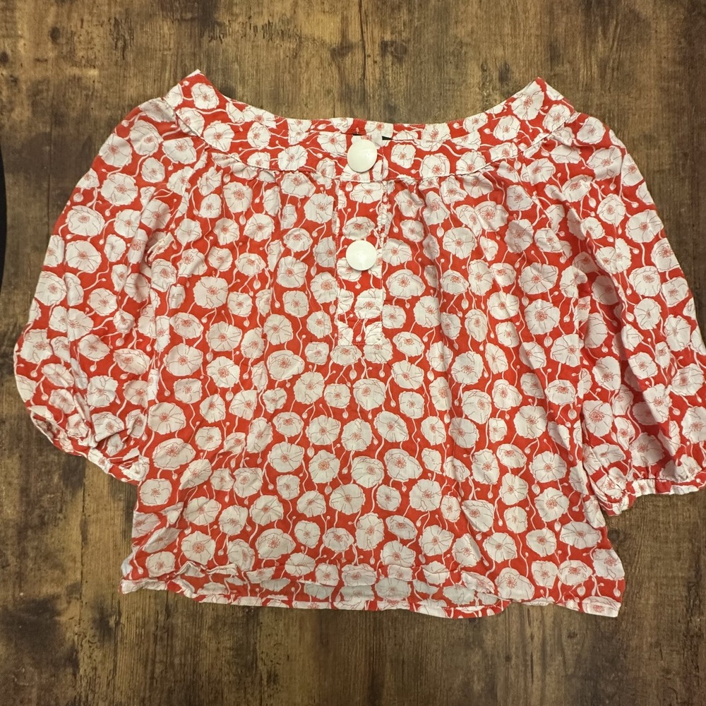 Sinéquanone Women's Red & White Poppy Print Puff Sleeve Blouse Button Accent